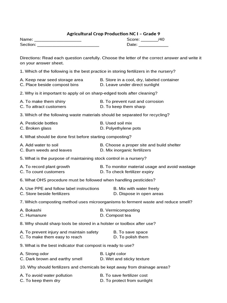 Test Agricultural Crop Production Grade9 Q2 | PDF | Compost | Soil