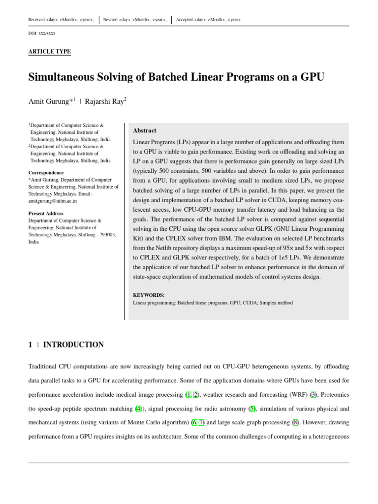 Simultaneous Solving of Batched Linear Programs On A GPU | PDF ...