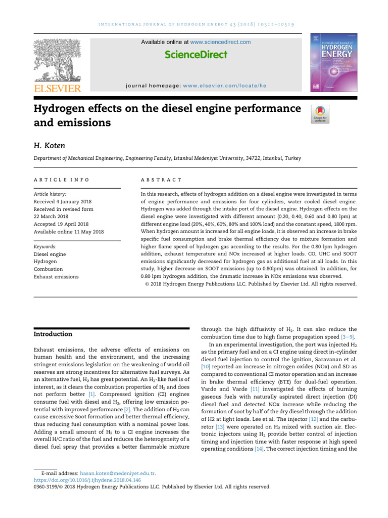 Hydrogen Effects On The Diesel Engine Perfo - 2018 - International ...