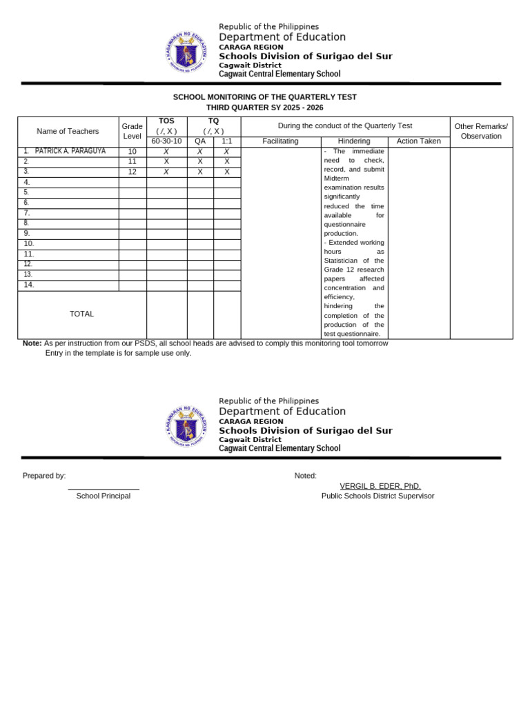 School Monitoring of TQ & TOS | PDF | Chess Theory | Chess