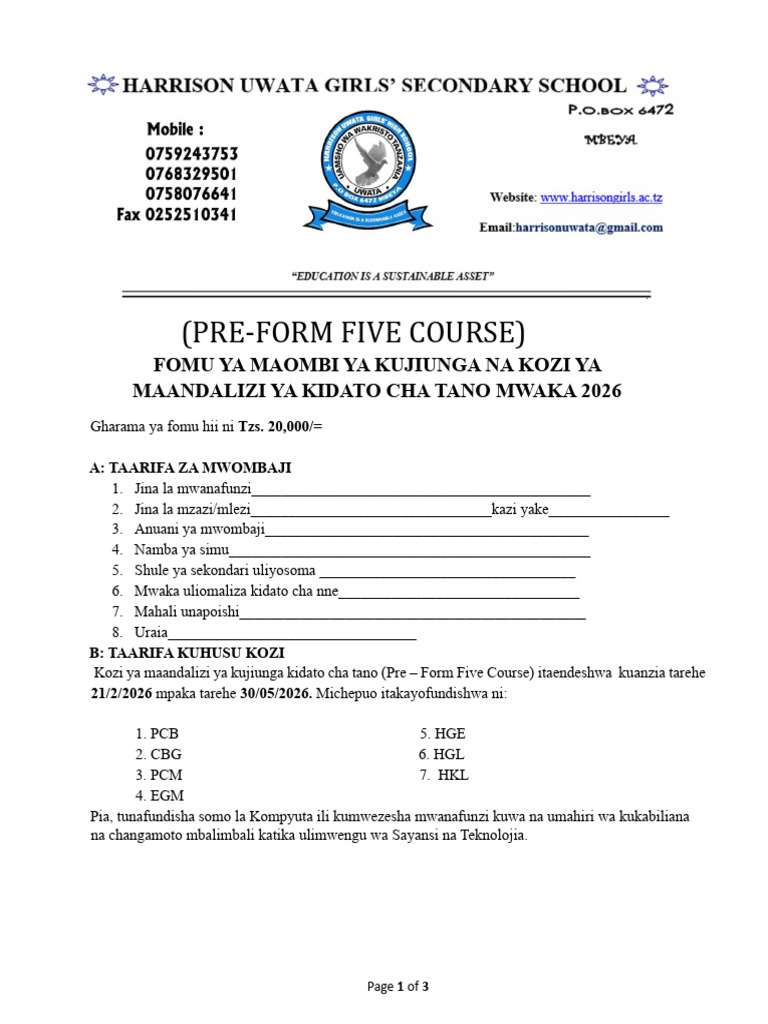 Pre Form Five Course 2026 | PDF