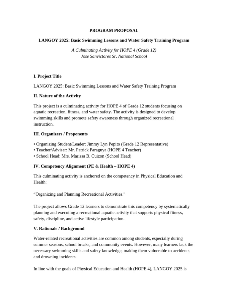 LANGOY 2025 Program Proposal | PDF | Swimming | Physical Education