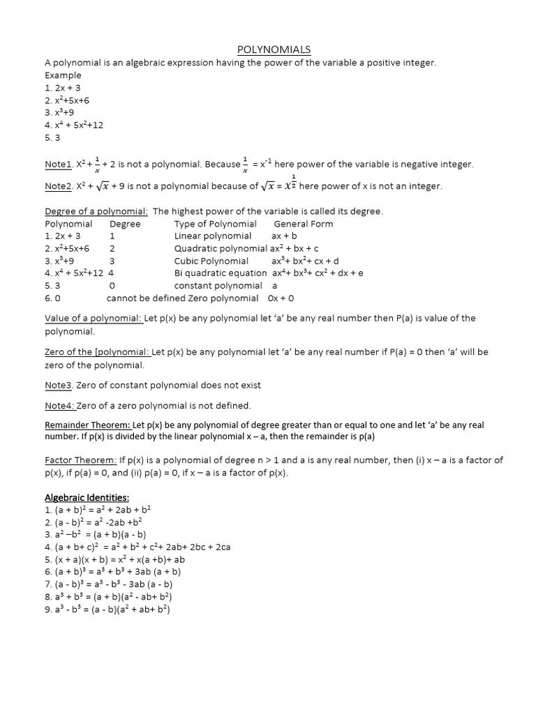 11th STD Polynomial Memory Sheet | PDF