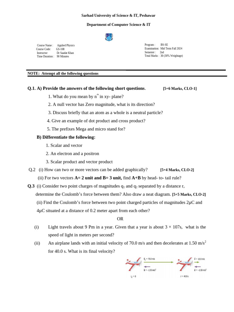 Applied Physics 2SE Mid Fall 2024 (May 2025) | PDF