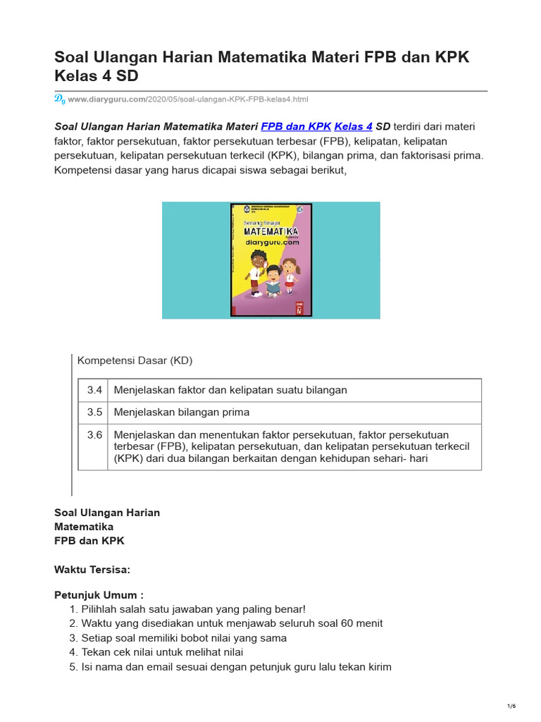 Soal Ulangan Harian Matematika Materi FPB Dan KPK Kelas 4 SD | PDF