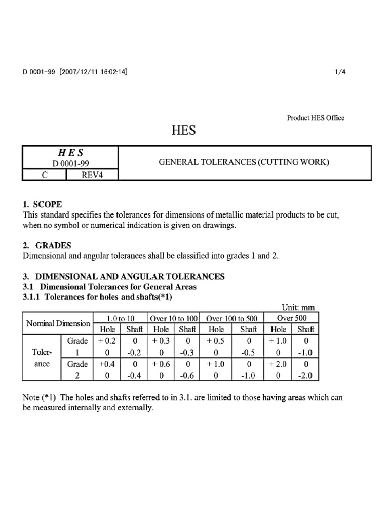 HES D0001 99 General Tolerances | PDF