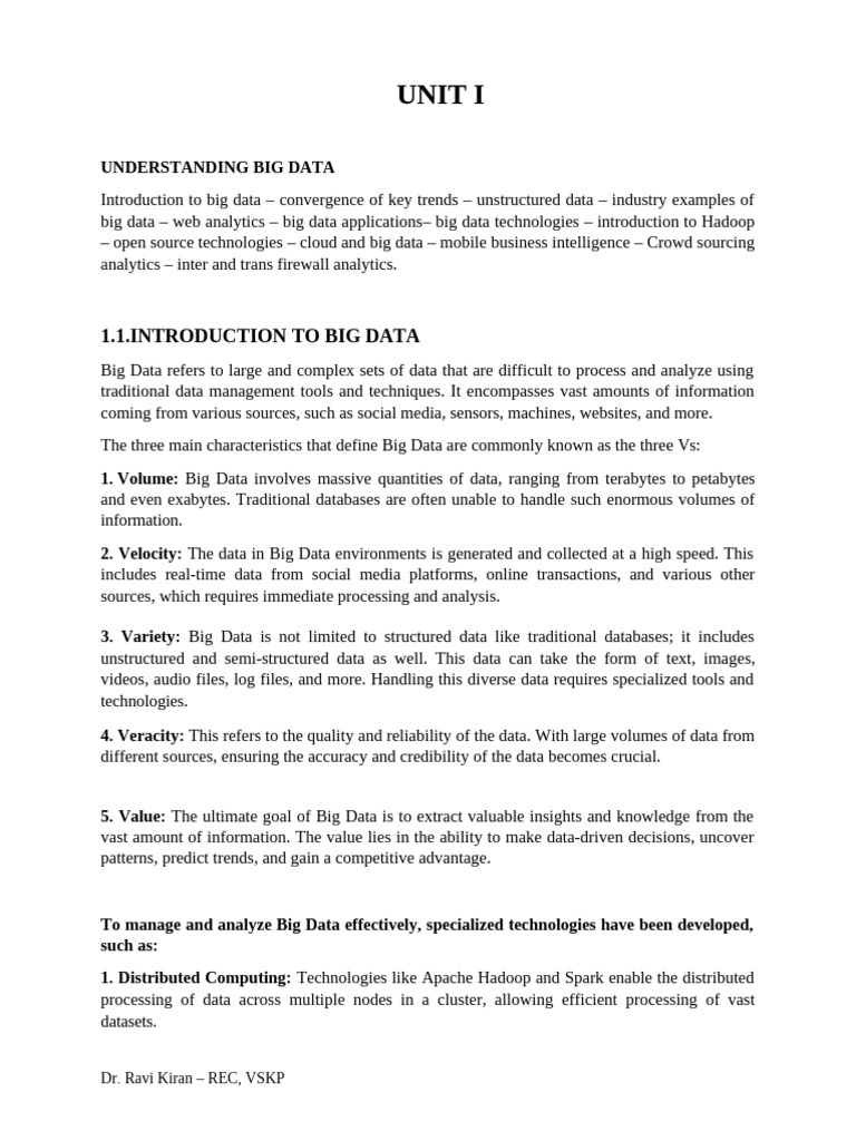 Big Data Analytics - Unit-1 Notes | PDF | Apache Hadoop | Big Data