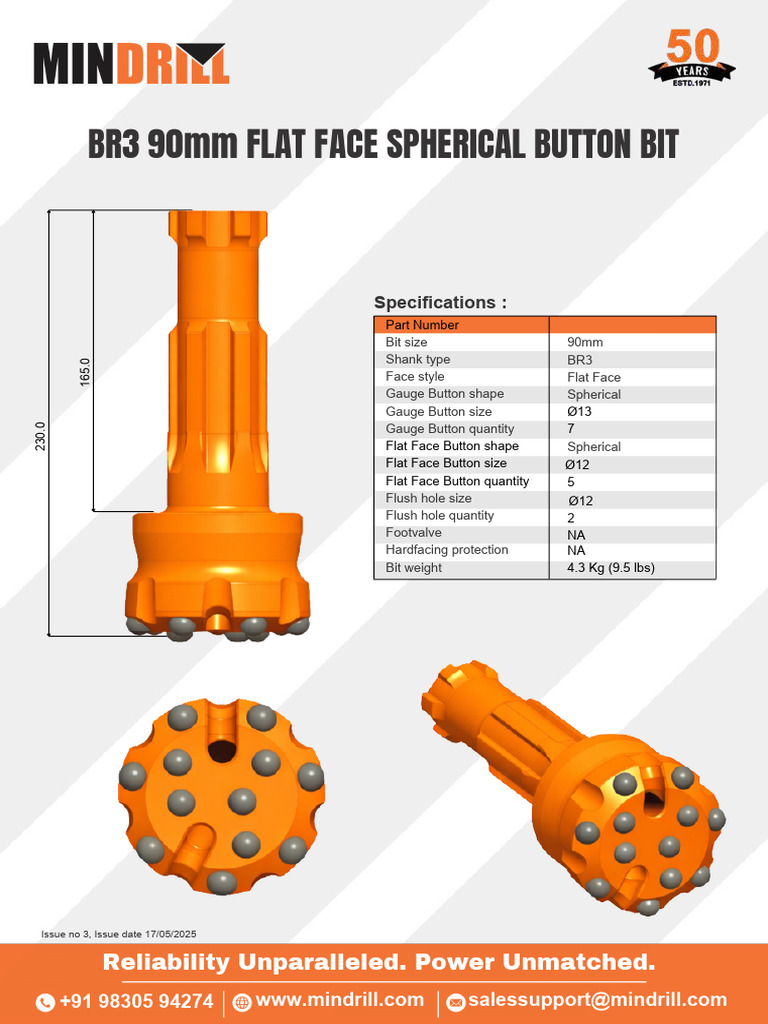 Mindrill Br3 90mm Flat Face Spherical Button Bit | PDF