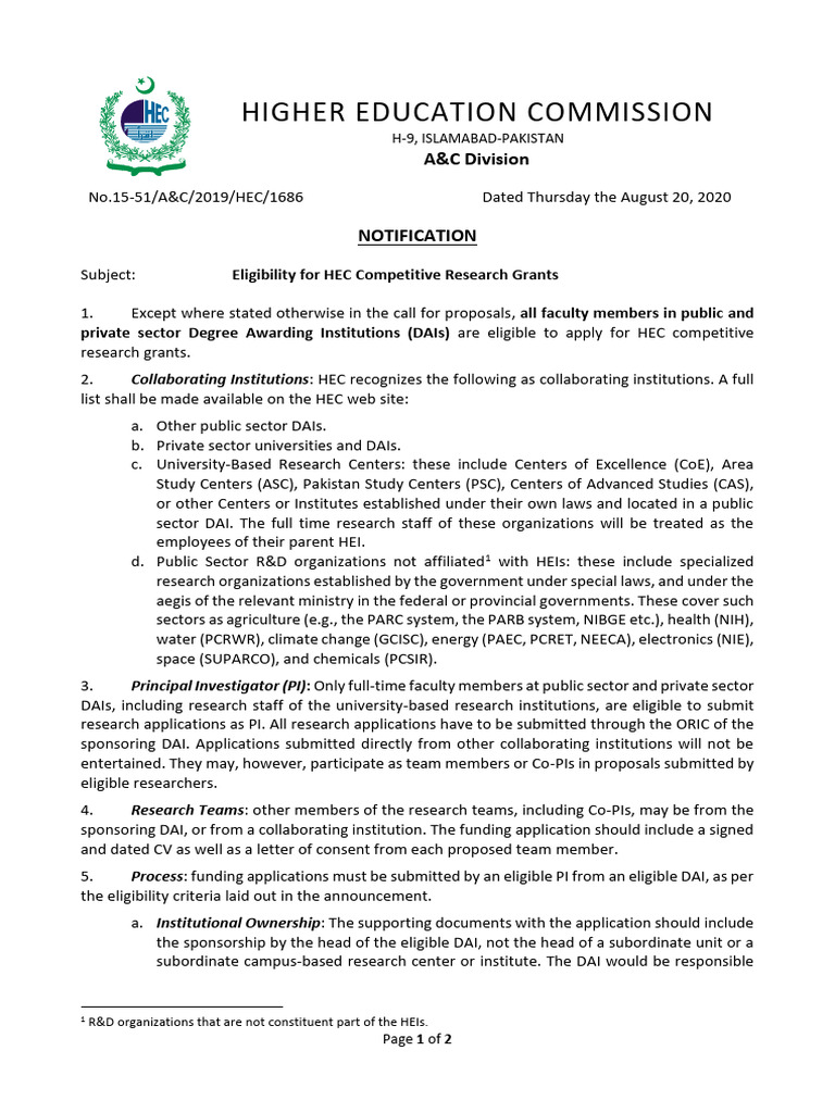 Notification - Eligibility For HEC Competitive Research Grants | PDF