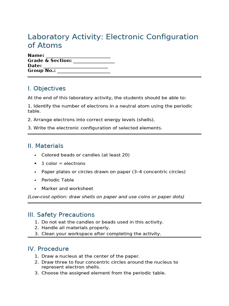 Electronic Configuration Lab Sheet | PDF