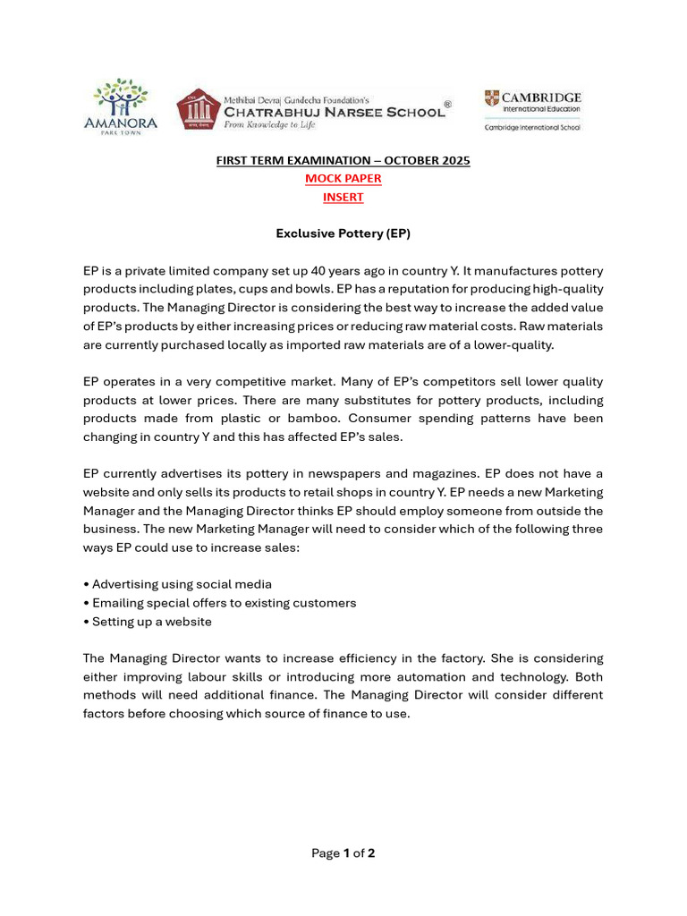 BS Paper 2 Mock Paper Insert 2025-26 | PDF