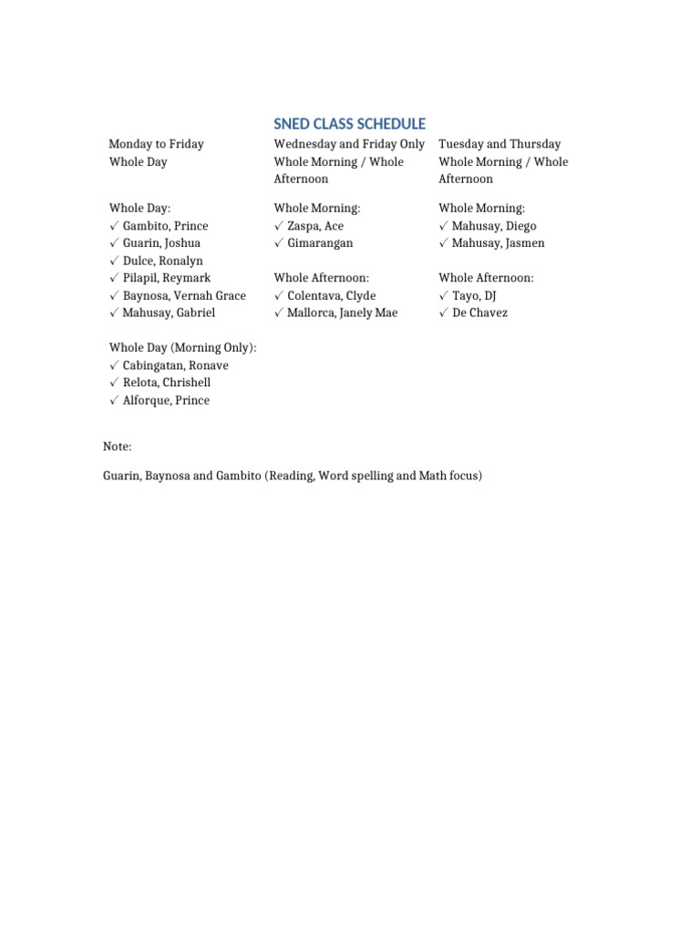 SNED Class Schedule and Attendance Record | PDF