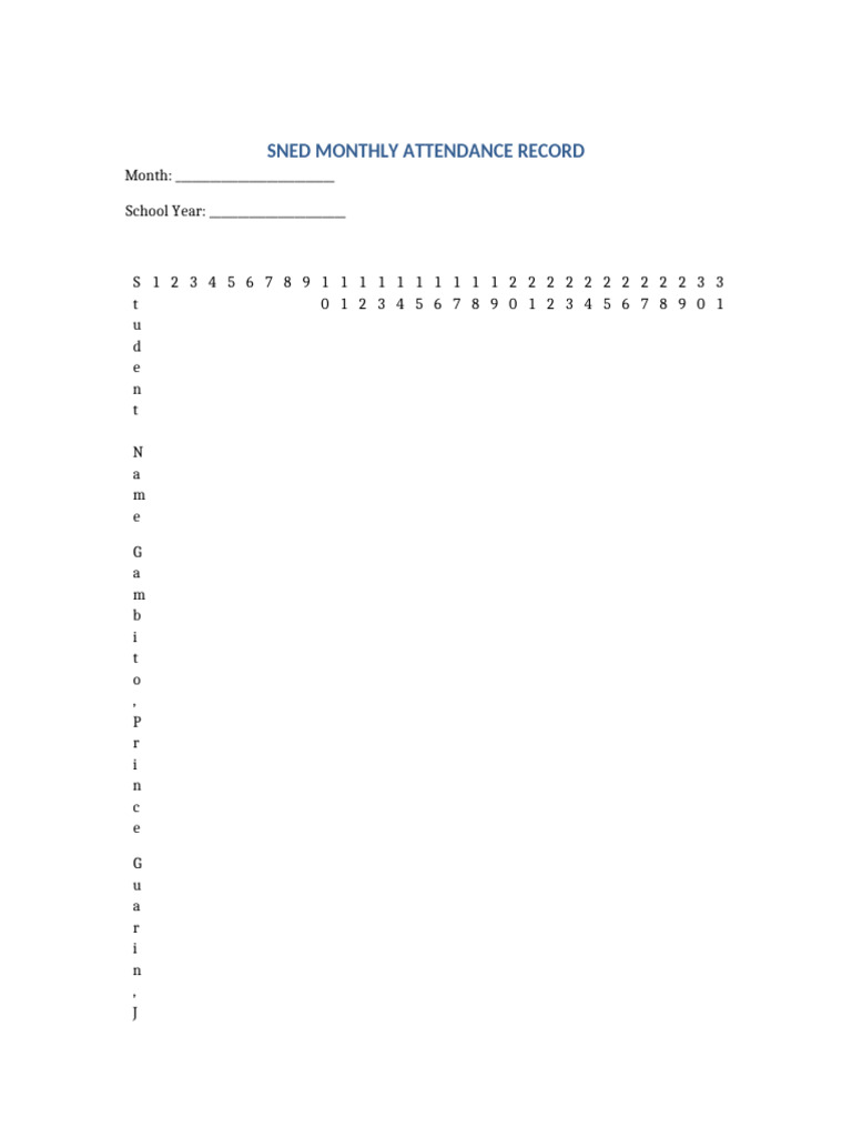 SNED Monthly Attendance Record | PDF