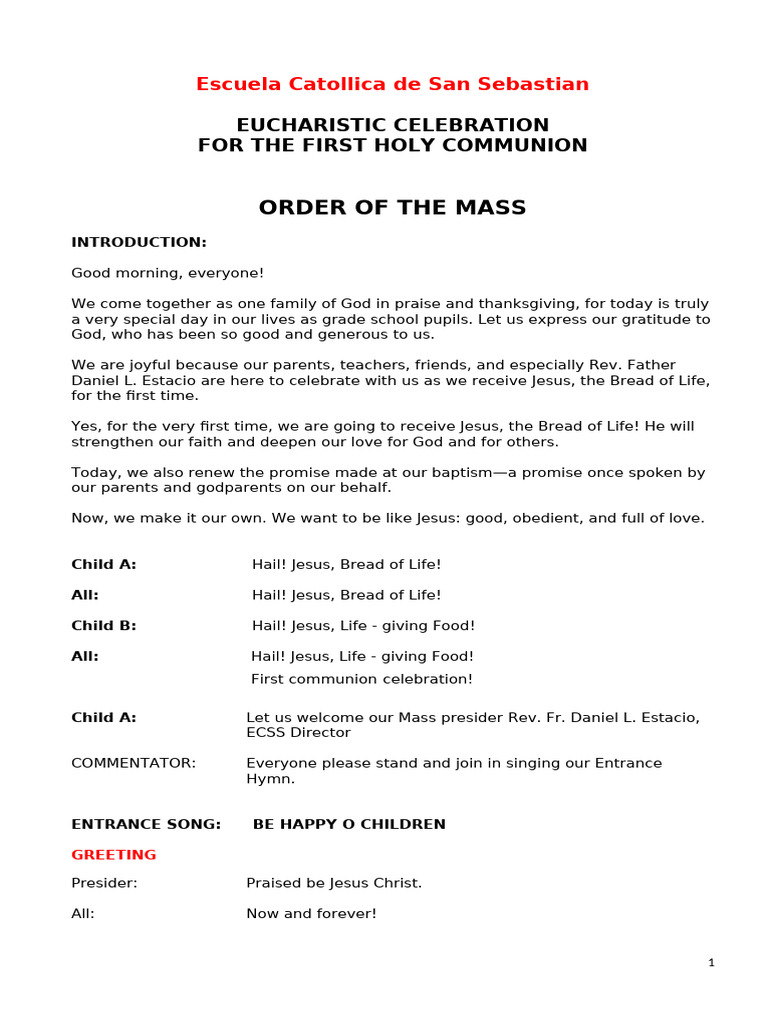 First Holy Communion Liturgy - Ecss | PDF | Eucharist | Mass (Liturgy)