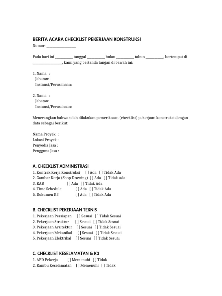BA Checklist Pekerjaan Konstruksi | PDF