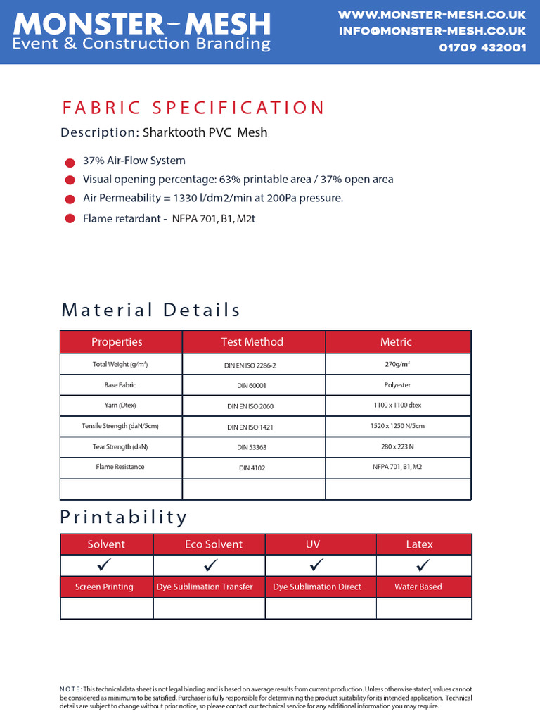 MM 300gsm Sharktooth PVC Mesh Specification Data Sheet | PDF