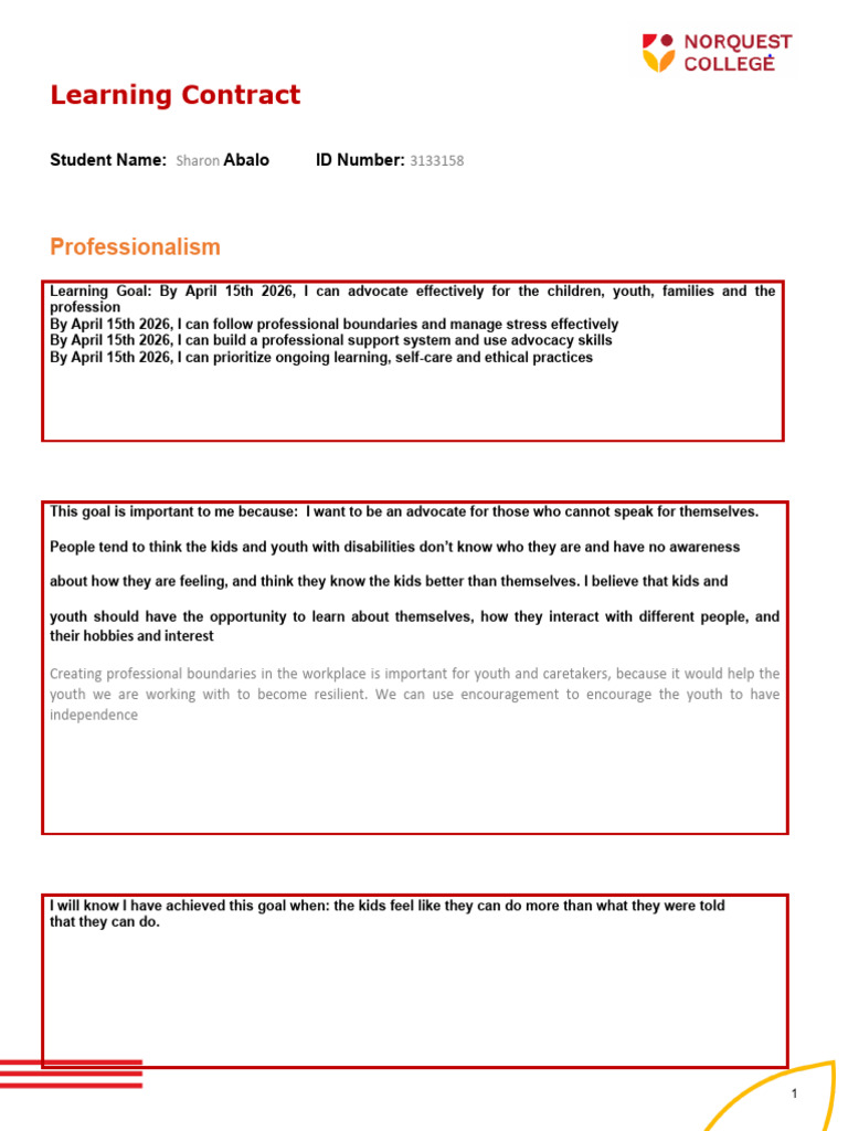 CYCD Learning Contract | PDF | Child Development | Interpersonal ...