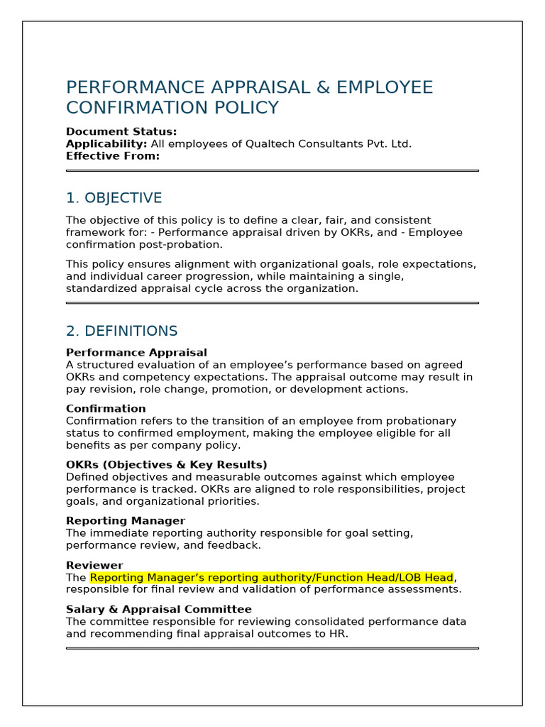 Performance Appraisal & Employee Confirmation Policy - Final Draft ...