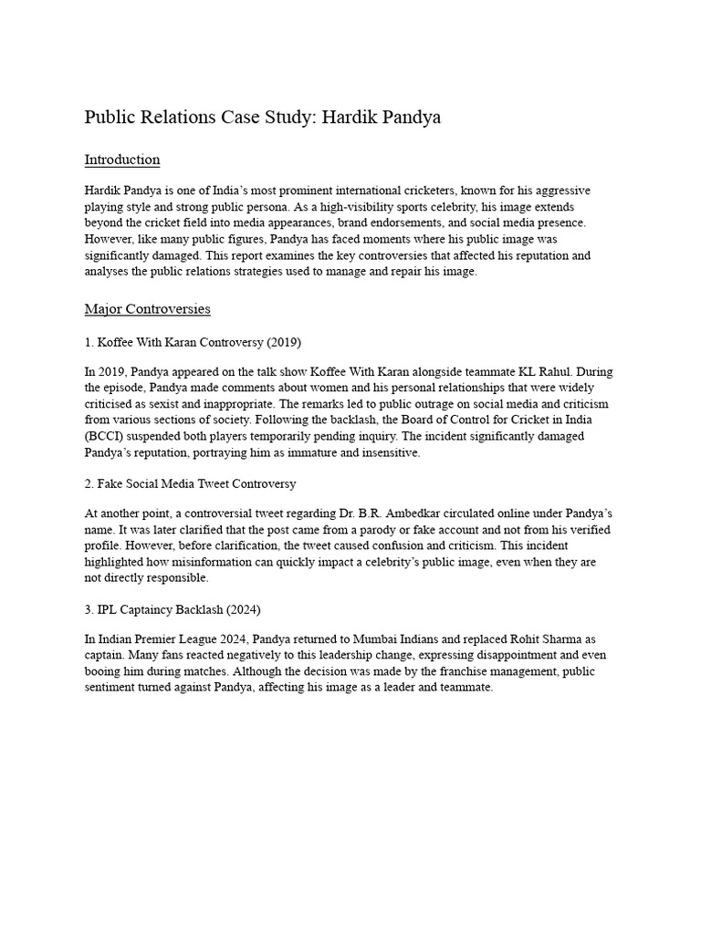 Public Relations Case Study - Hardik Pandya | PDF