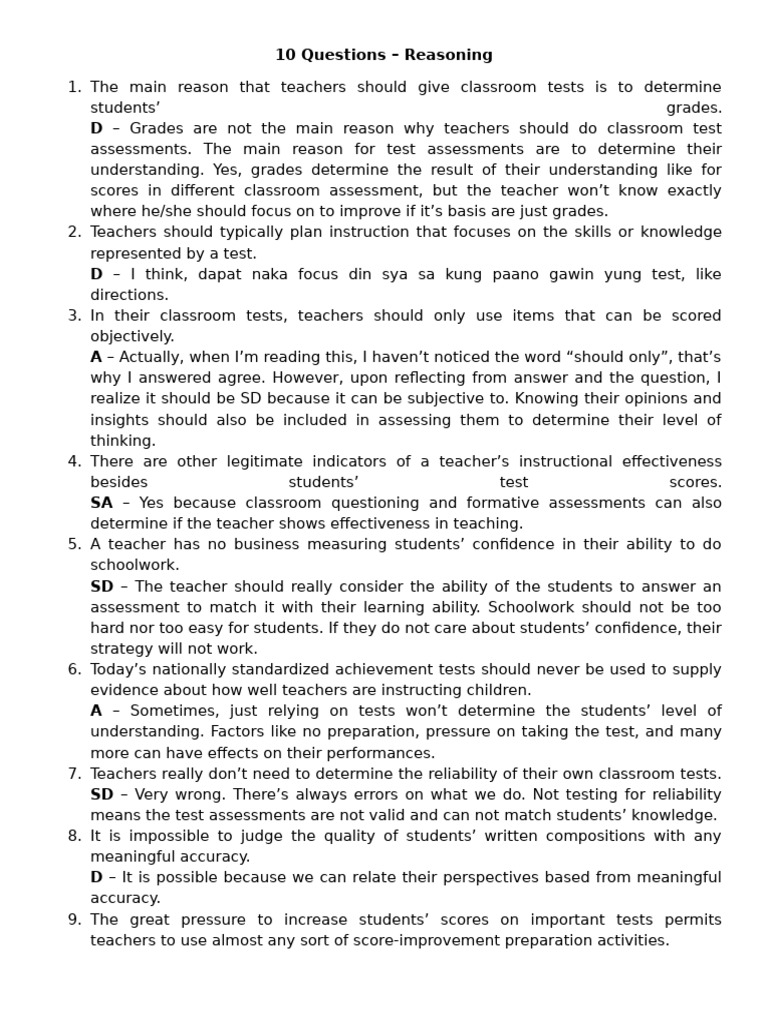 10 Questions - Reasoning | PDF | Educational Assessment | Teachers