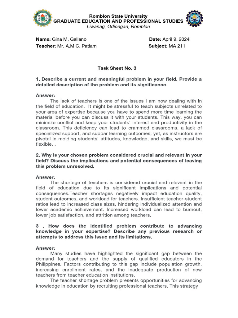 Assignment No. 1 | PDF | Teachers | Cognition