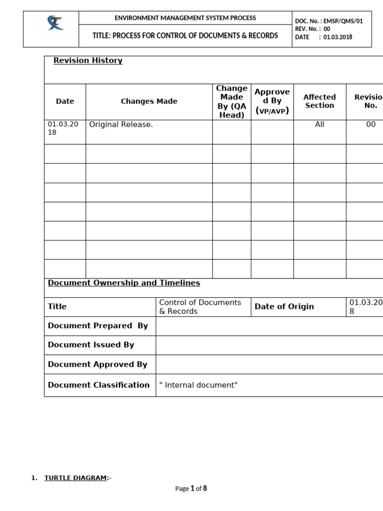 (EMSP-QMS-01) Process For Control of Documents & Record | PDF | Quality ...