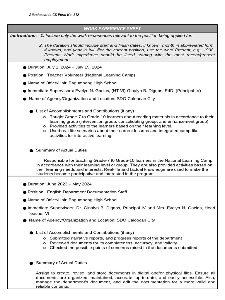 BLANK TEMPLATE - 2) CS Form No. 212 Attachment Work Experience Sheet ...