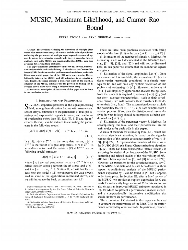 MUSIC, Maximum Likelihood, and Cramer-Rao Bound | PDF | Estimator ...