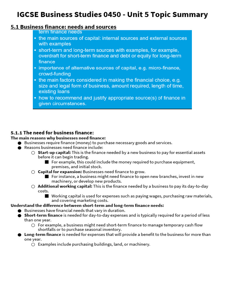 IGCSE Business Studies 0450 - Unit 5 Topic Summary | PDF | Balance ...