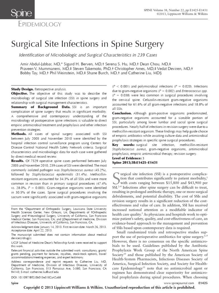 Surgical Site Infections in Spine Surgery Microbiology | PDF