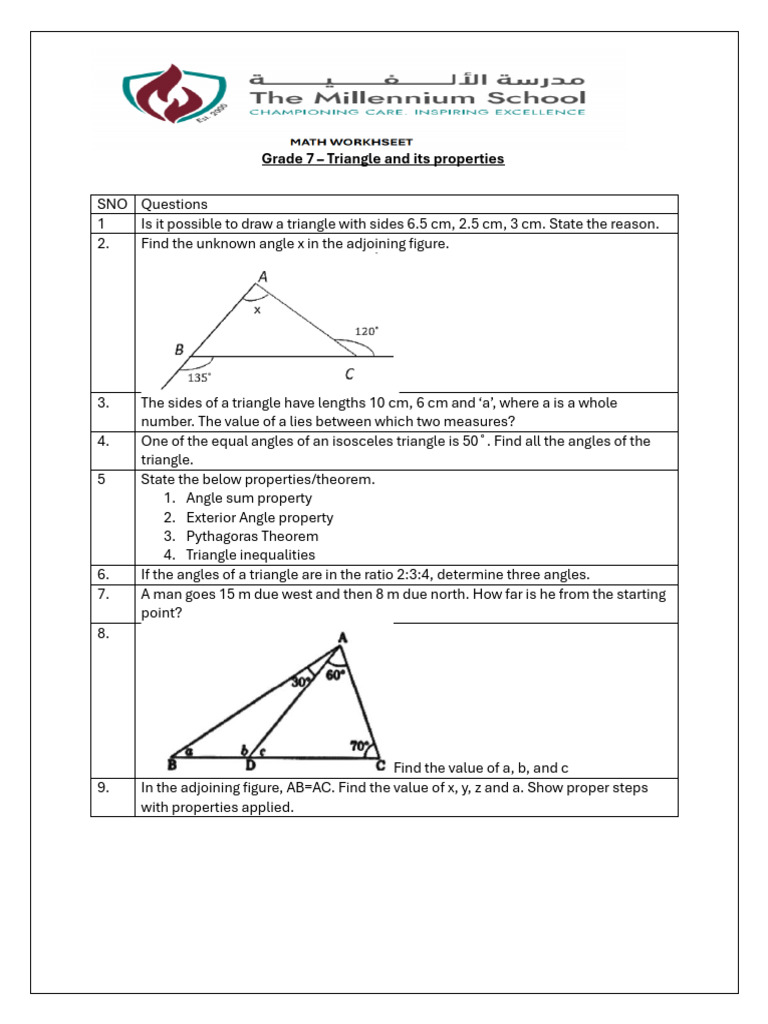 Sa2-Revision Worksheet Properties of Triangles | PDF