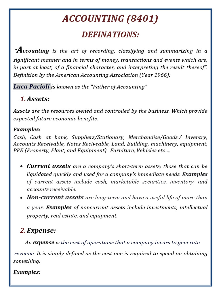 8401 Short Definations | PDF | Expense | Debits And Credits
