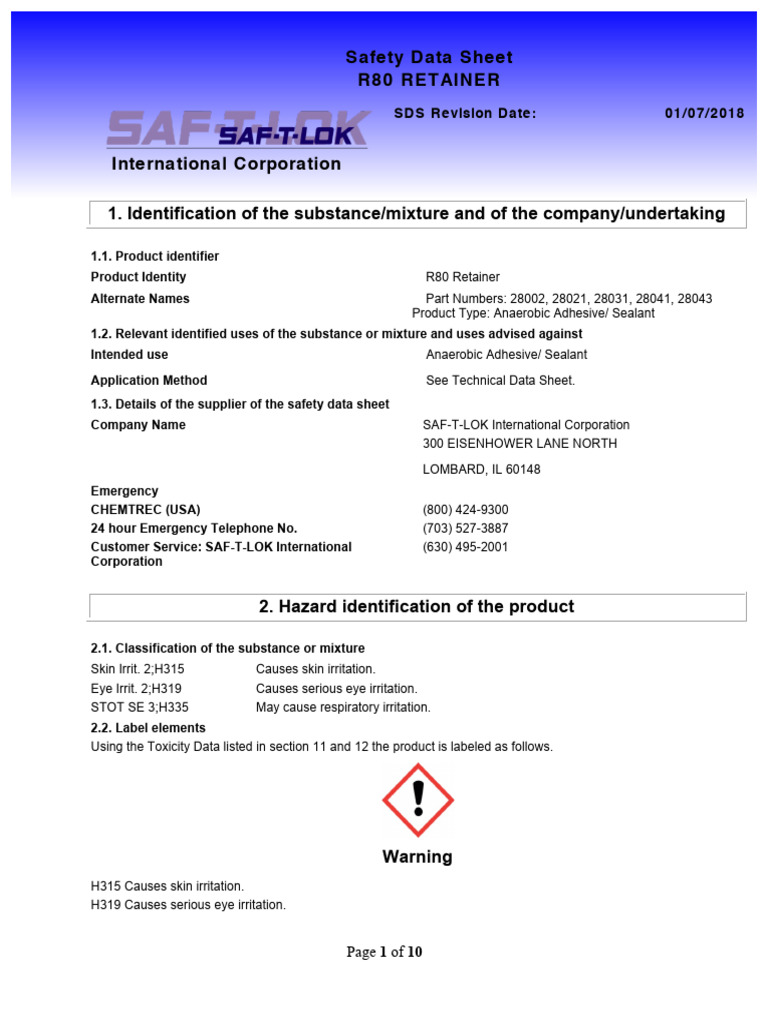 MSDS-R80 Retainer Adhesive | PDF | Occupational Safety And Health | Safety