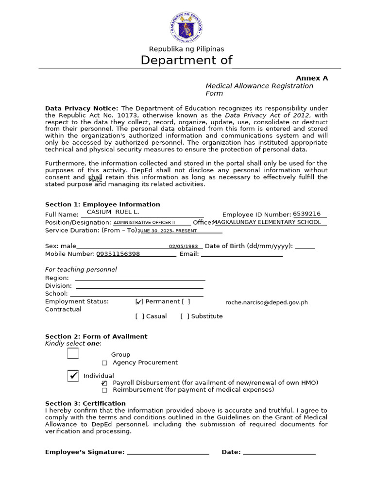 Annex A Medical Allowance Registration Form | PDF