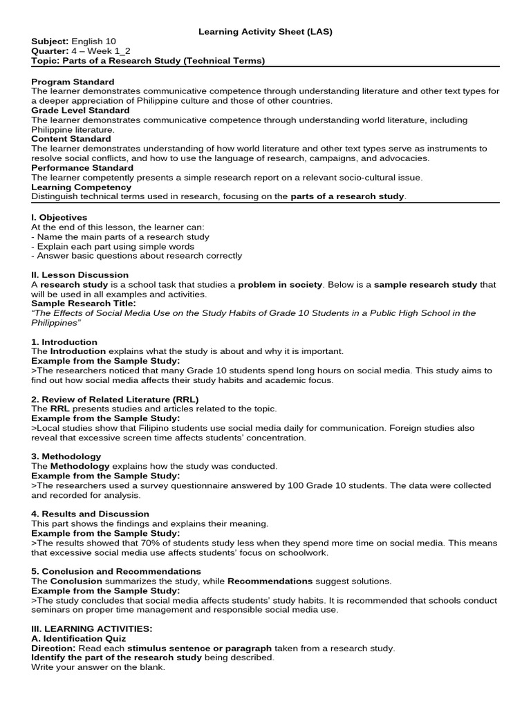 English10 Q4 LAS WEEK1 2 Distinguish Parts of A Research Study | PDF ...