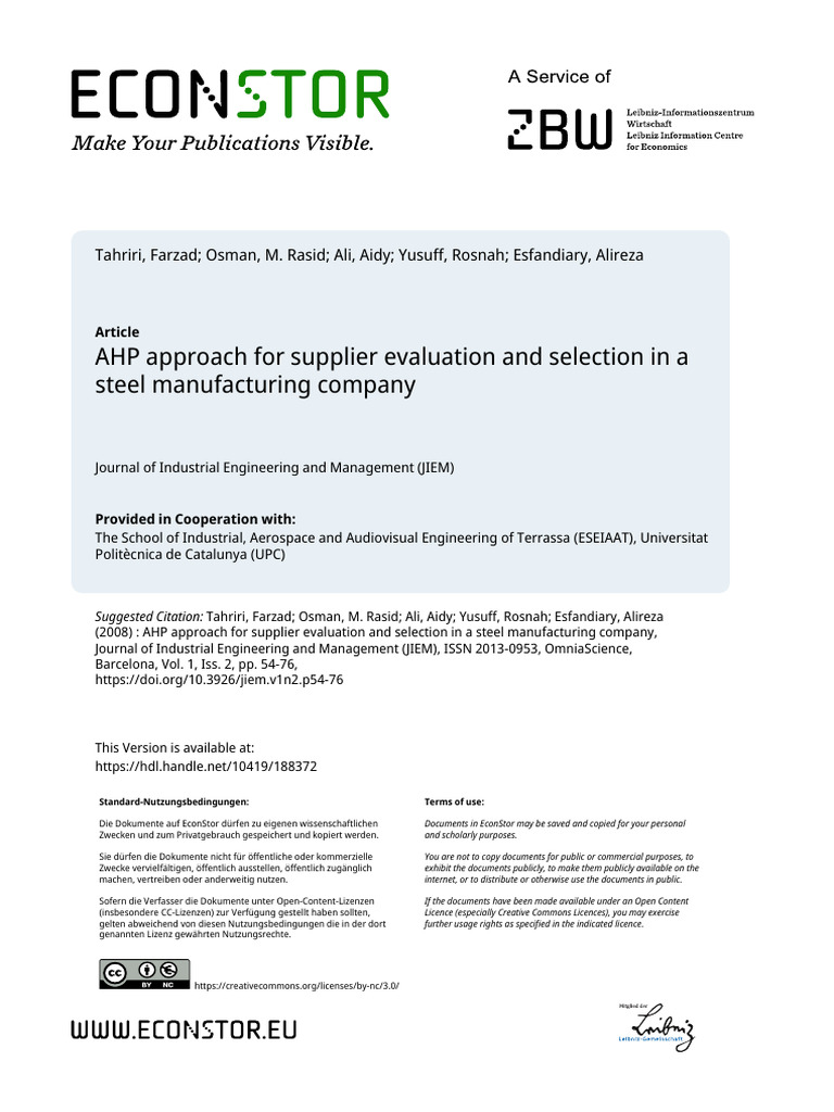 AHP Approach For Supplier Evaluation and Selection in A Steel ...