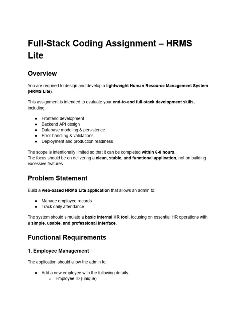 Full-Stack Coding Assignment - HRMS Lite | PDF | Databases | No Sql
