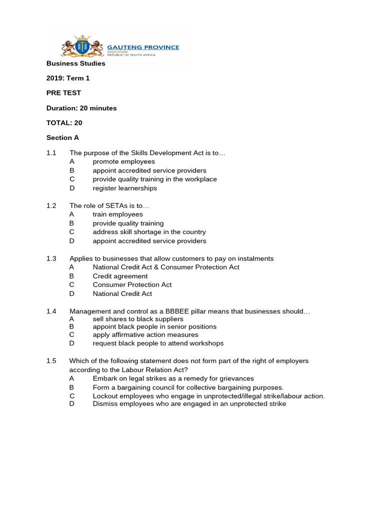 Business Studies Post Test Term 1 Session 1 2 | PDF | Employment ...