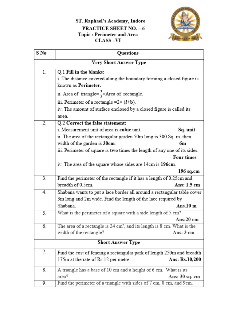 Class 6 Perimeter and Area Practice Sheet | PDF | Area | Length