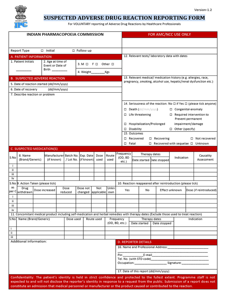 Adr Form | PDF | Pharmacovigilance | Drugs