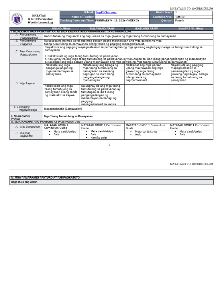 DTC - DLL Matatag - GMRC 1 - Q4 - W3 | PDF