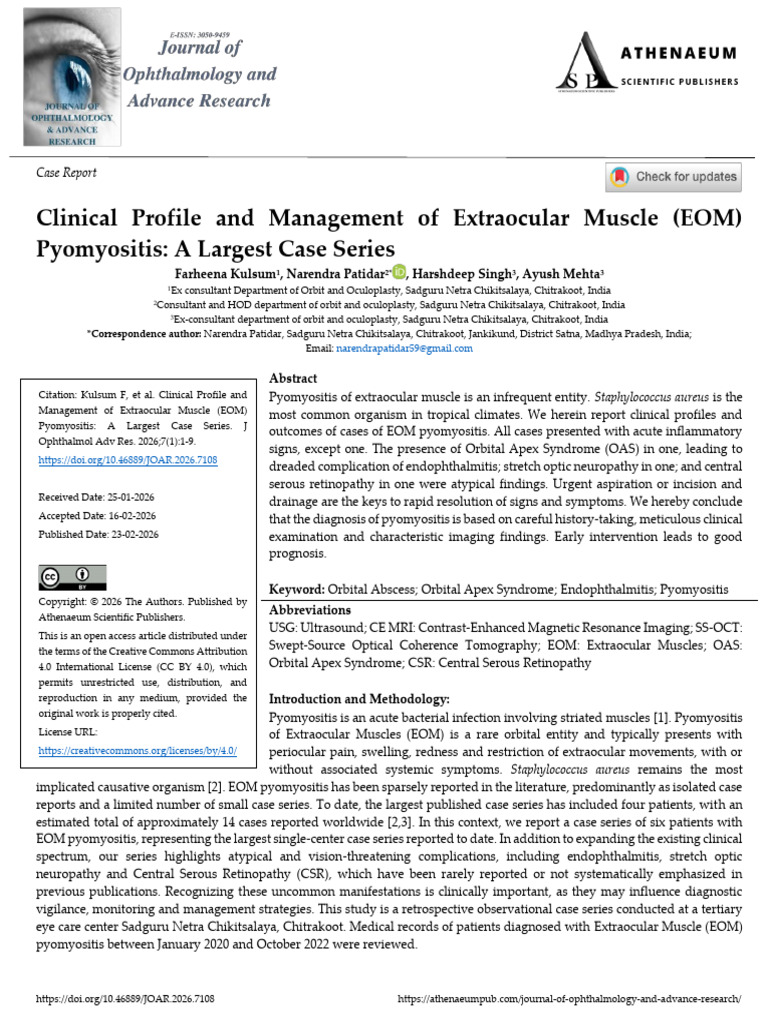 Clinical Profile and Management of Extraocular Muscle EOM Pyomyositis A ...