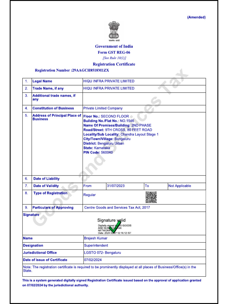 Hiqu Infra GST Certificate | PDF
