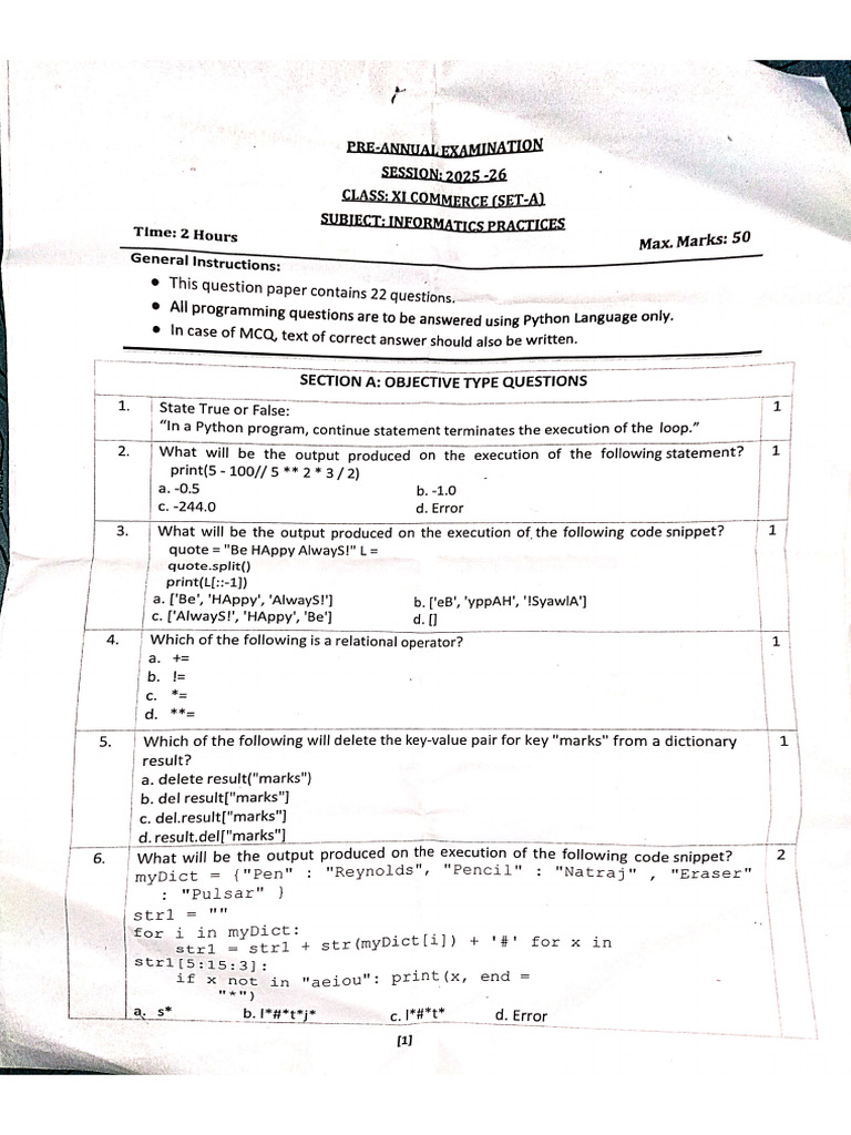 Pre-Annual IP Question Paper | PDF