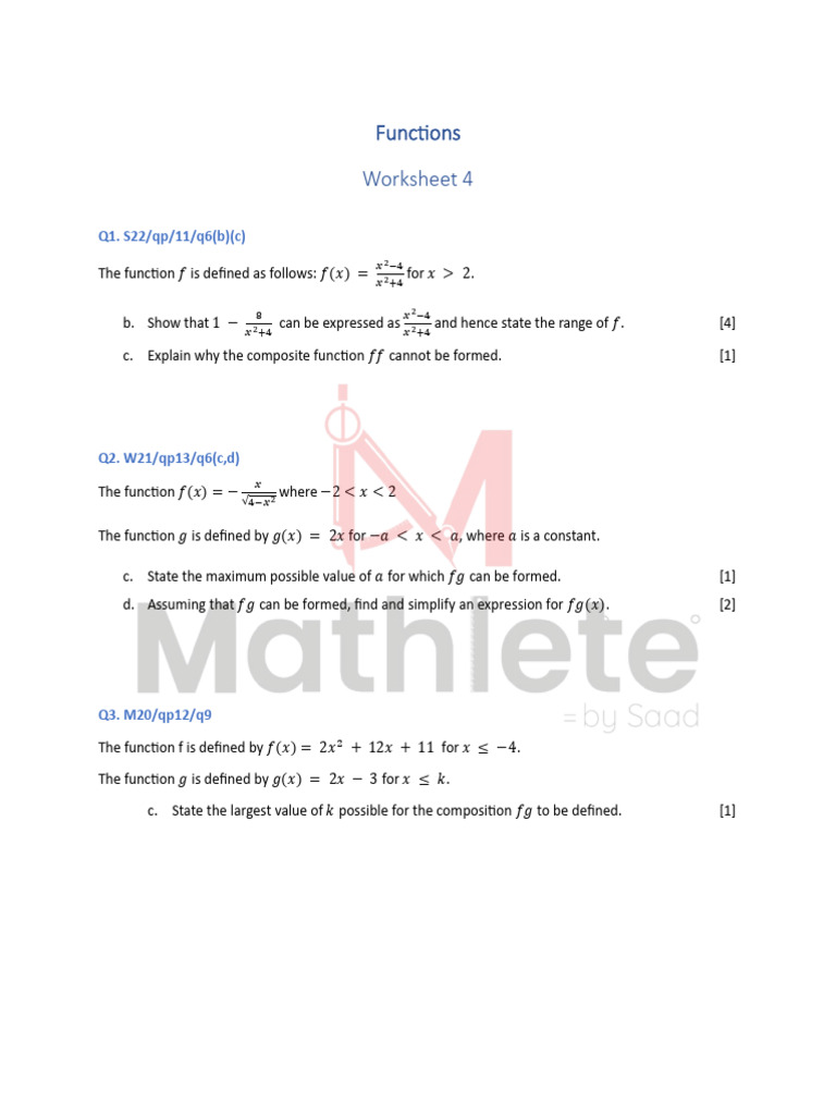 Functions Worksheet 4 | PDF