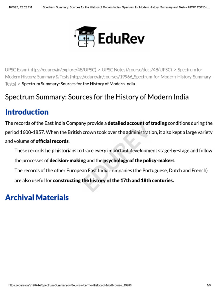 Modern History - Sources For The History of Modern India | PDF