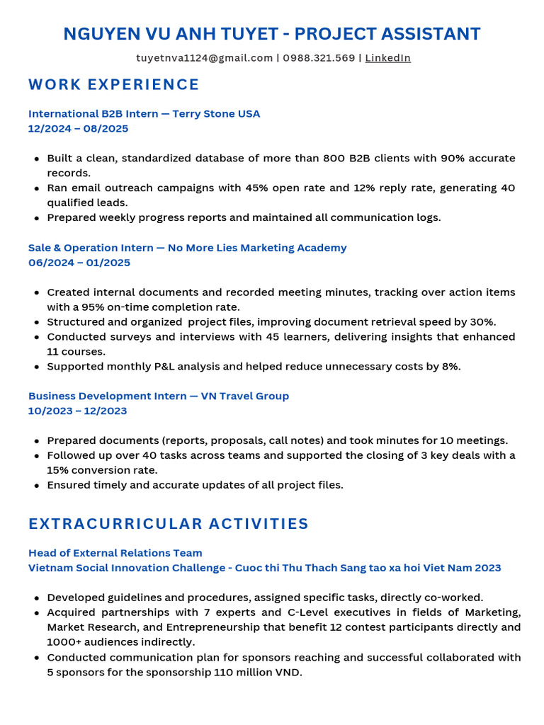 CV - Project Assistant - Nguyen Vu Anh Tuyet | PDF | Business