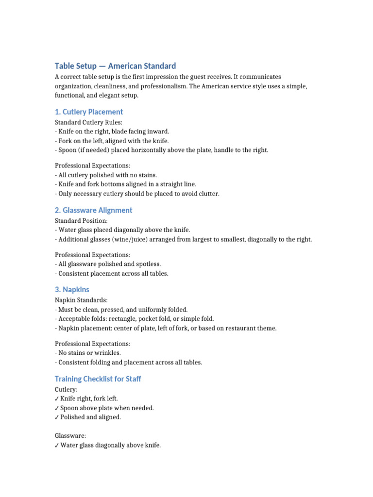 Table Setup American Standard | PDF