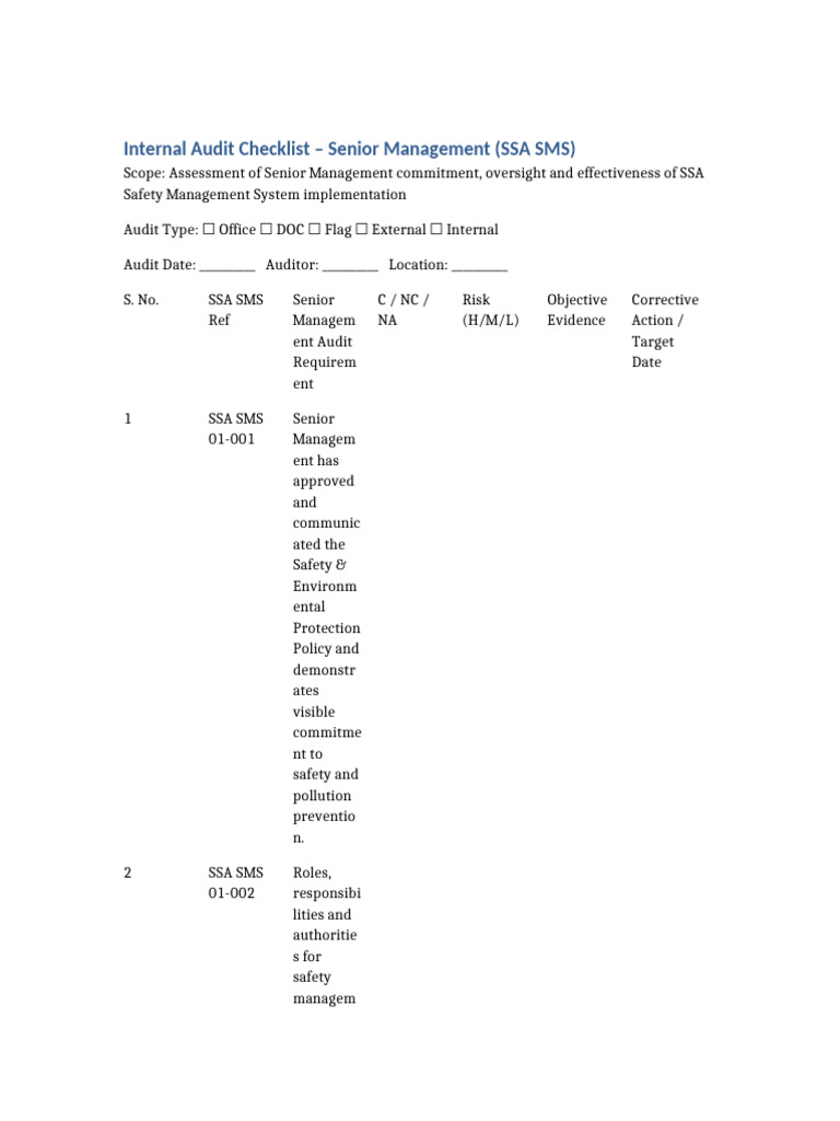SSA Senior Management Internal Audit Checklist | PDF | Audit | Internal ...