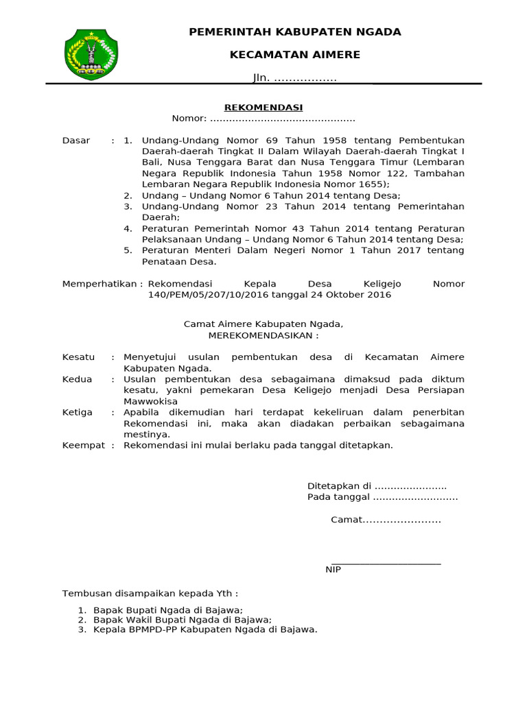 Format Rekomendasi Camat | PDF